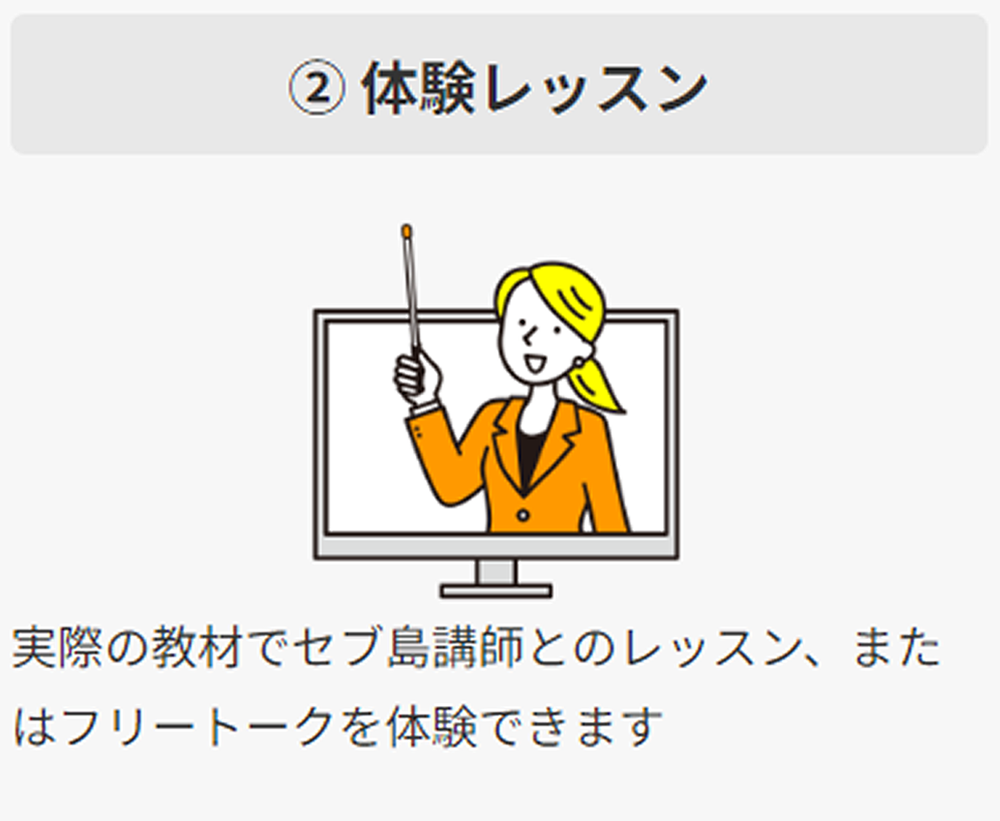 ②体験レッスン 実際の教材でセブ島講師とのレッスン、またはフリートークを体験できます